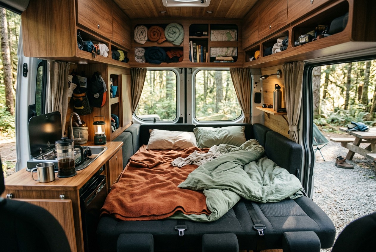 Interior of a realistic rental Class B camper van at a forest campground, rear sofa halfway converted into a compact double b
