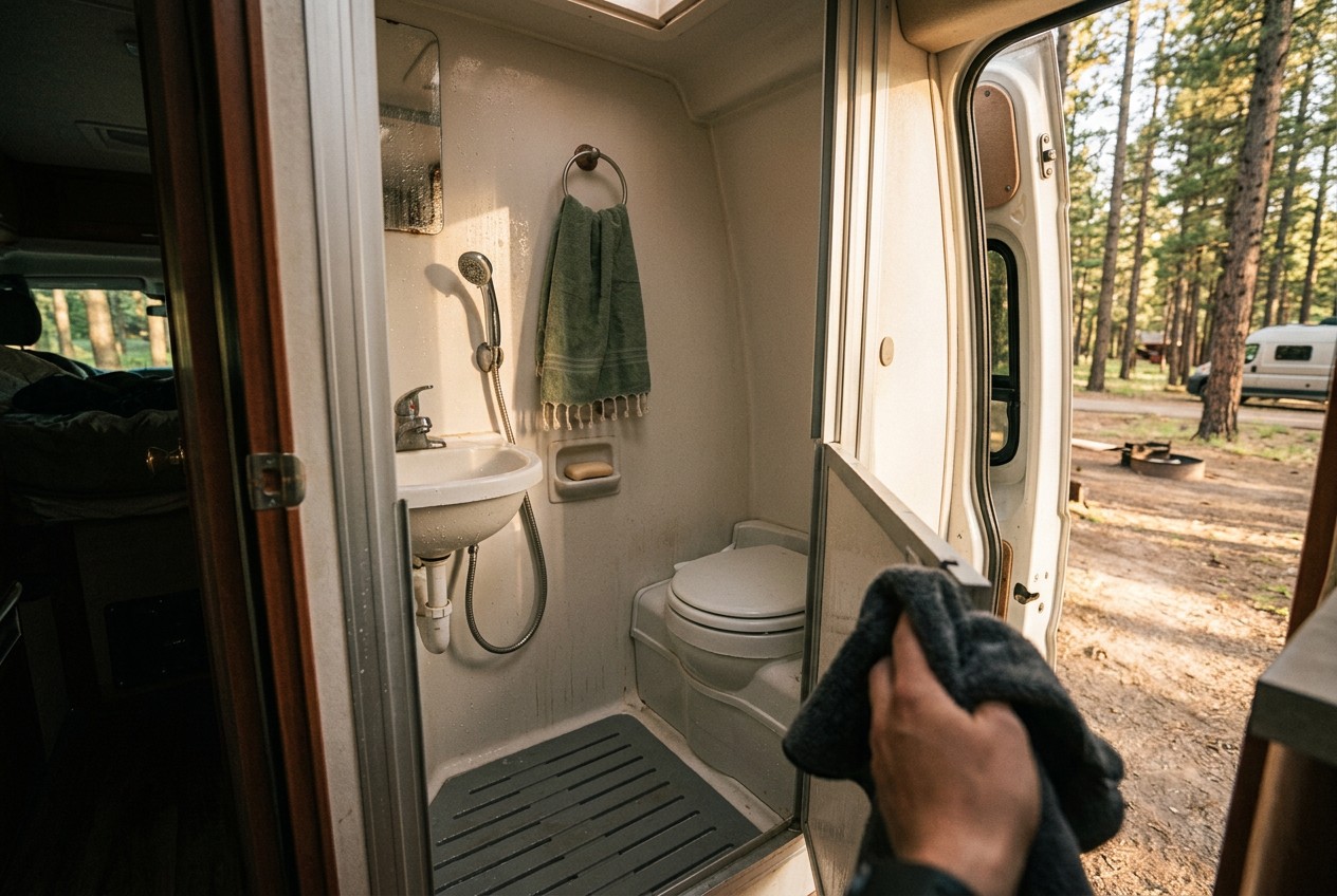 Compact wet bath inside a realistic Class B rental camper van at a pine forest campground, shower, toilet, and small sink sha