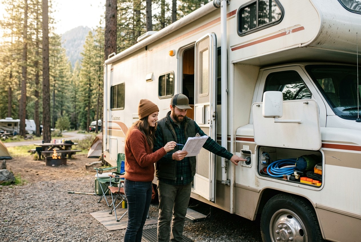 First-time renters reviewing a written RV rental checklist and itemized quote beside a realistic motorhome at a pine forest c