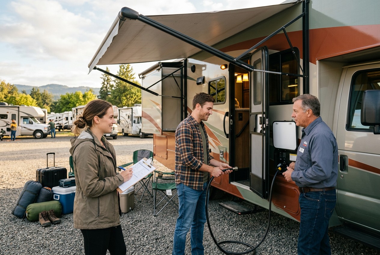First-time renters at an RV pickup lot performing a hands-on walkthrough with the provider, testing hookups, slide-out, awnin