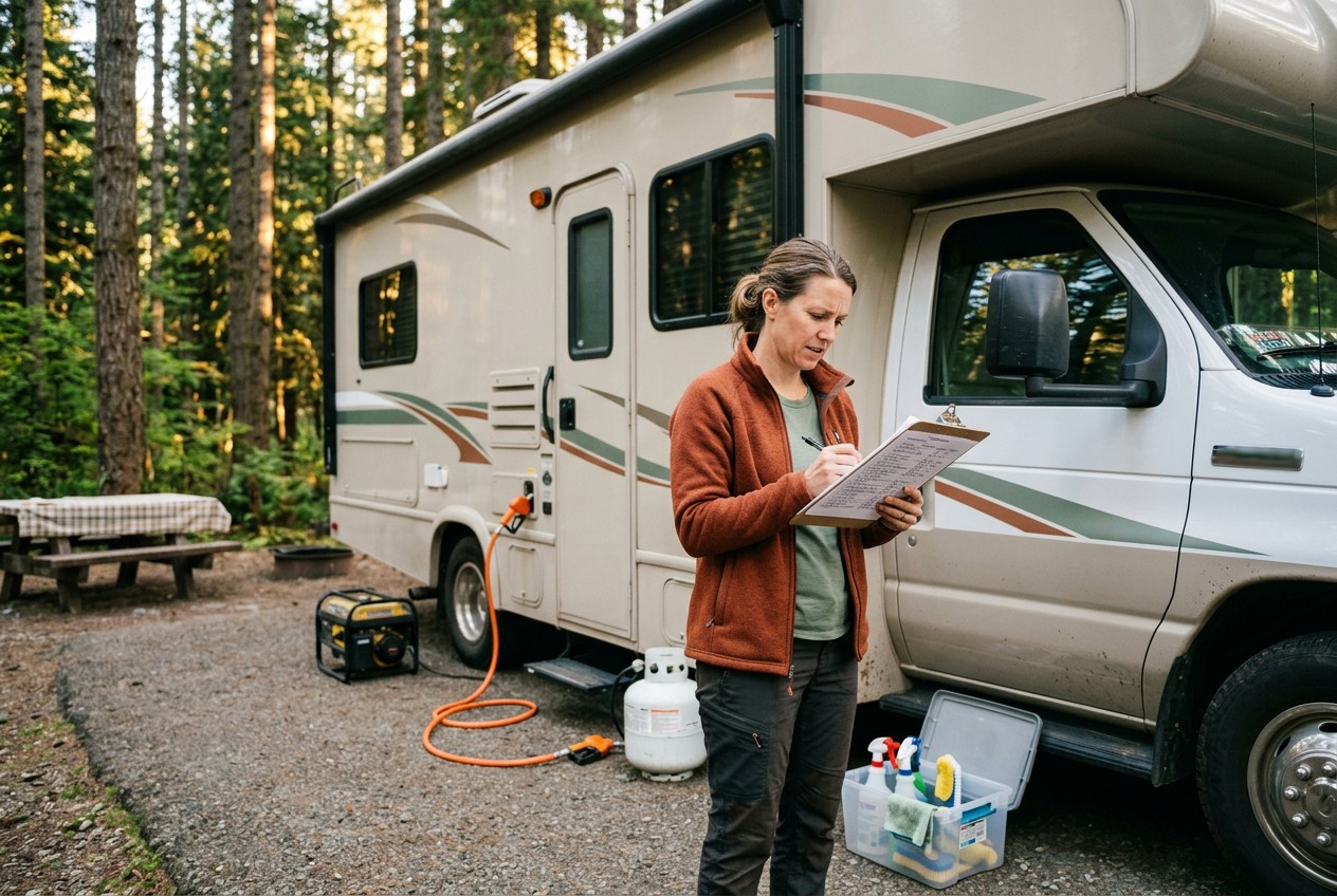 RV renter at a forest campground reviewing an itemized, unreadable checkout sheet beside a realistic motorhome, with fuel hos