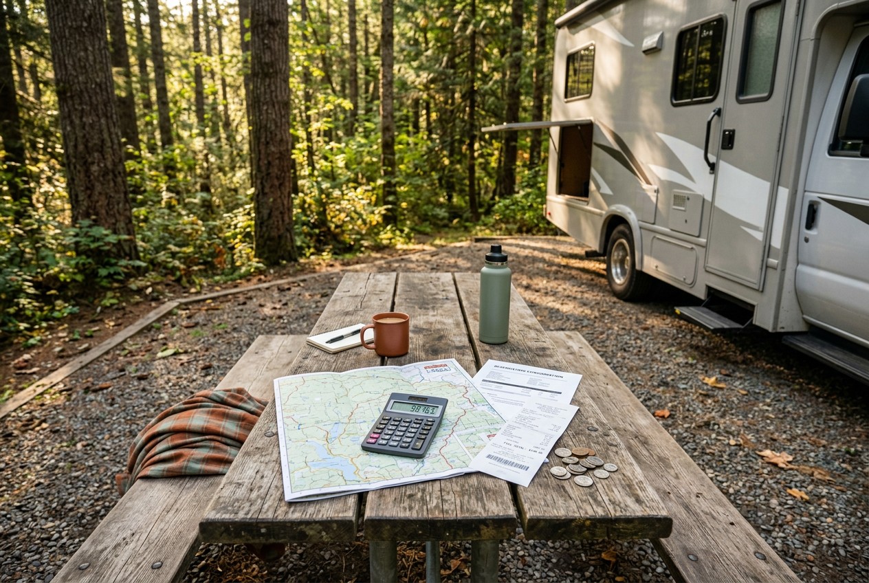 Overhead photograph of a campground picnic table beside a realistic rental motorhome, displaying a calculator, road map, fuel
