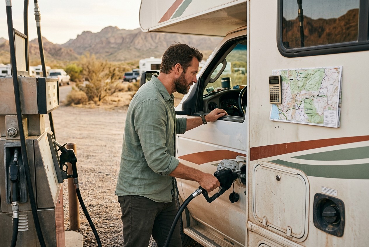 Close-up photograph of a realistic rental motorhome at a desert campground fuel pump, traveler checking the odometer and gene