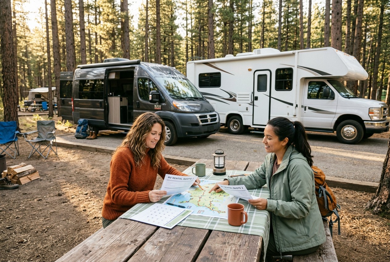 Travelers at a campground picnic table comparing printed RV rental quotes beside a compact Class B camper van and a larger Cl