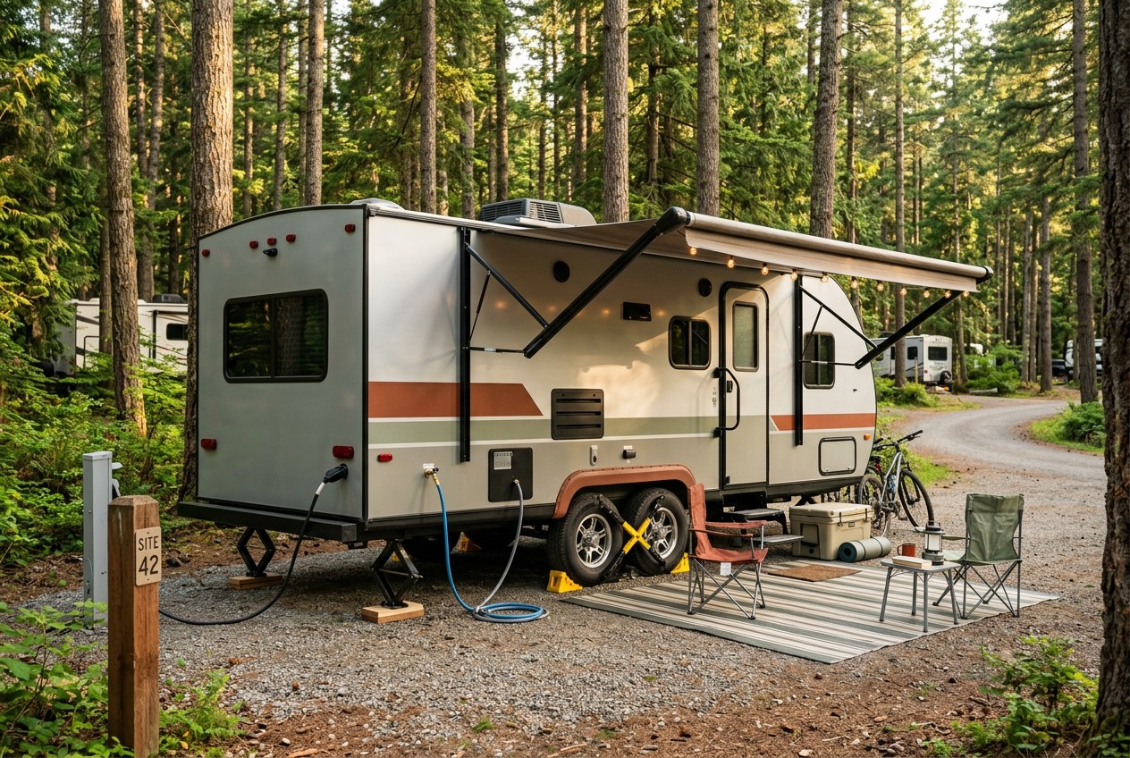 Realistic travel trailer freshly delivered to a pine-forest campground, leveled on a reserved site with stabilizer jacks, whe