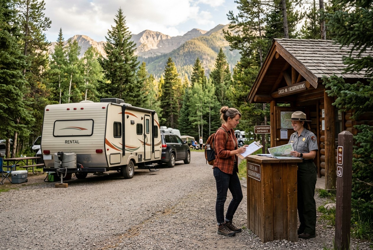 Campground check-in scene with a realistic rental travel trailer waiting near the entrance while a traveler confirms a reserv