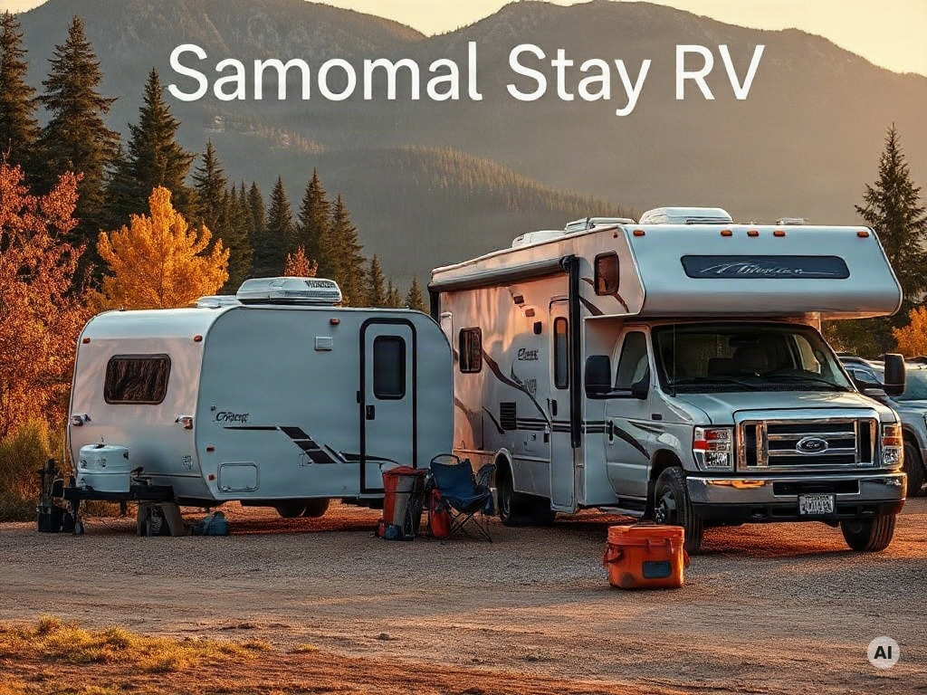 A travel trailer and a Class C motorhome at a campground — AI-generated illustration