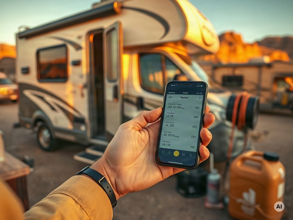 Close-up photo of an RV renter calculating mileage and generator usage beside a realistic motorhome at a desert campground - AI-generated image