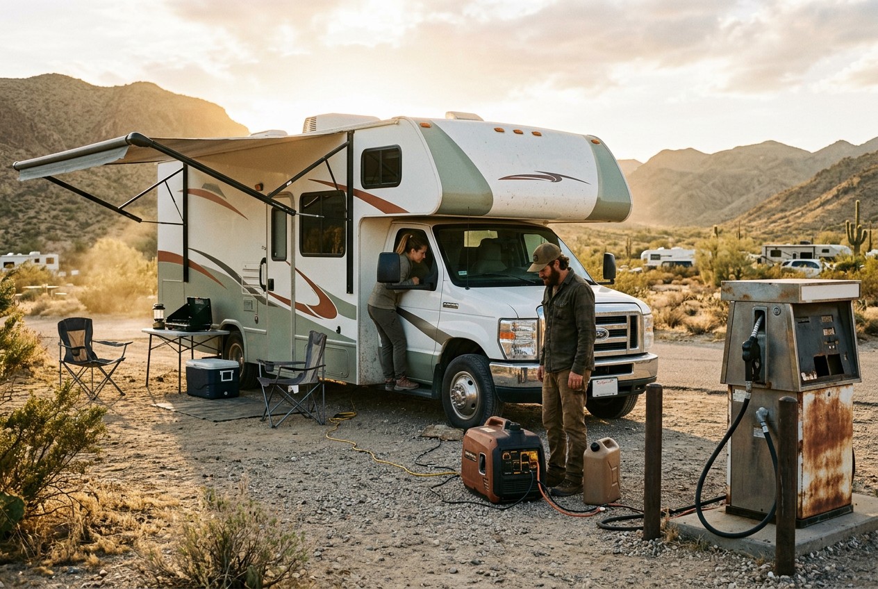 Realistic rental motorhome at a desert campground, fuel pump and portable generator nearby, traveler checking mileage on the