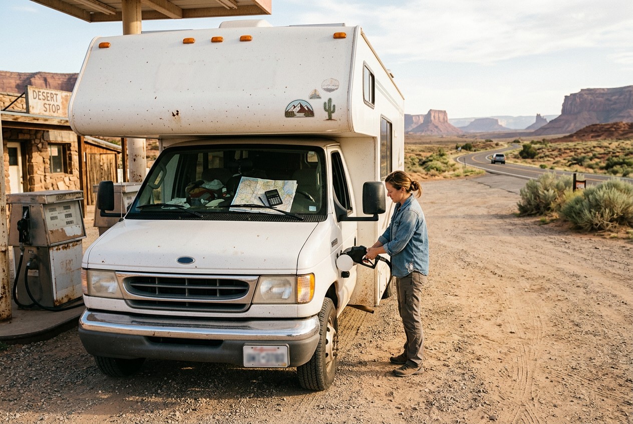 A realistic rental motorhome refueling at a rural gas station along a desert highway, fuel nozzle inserted, road map and calc