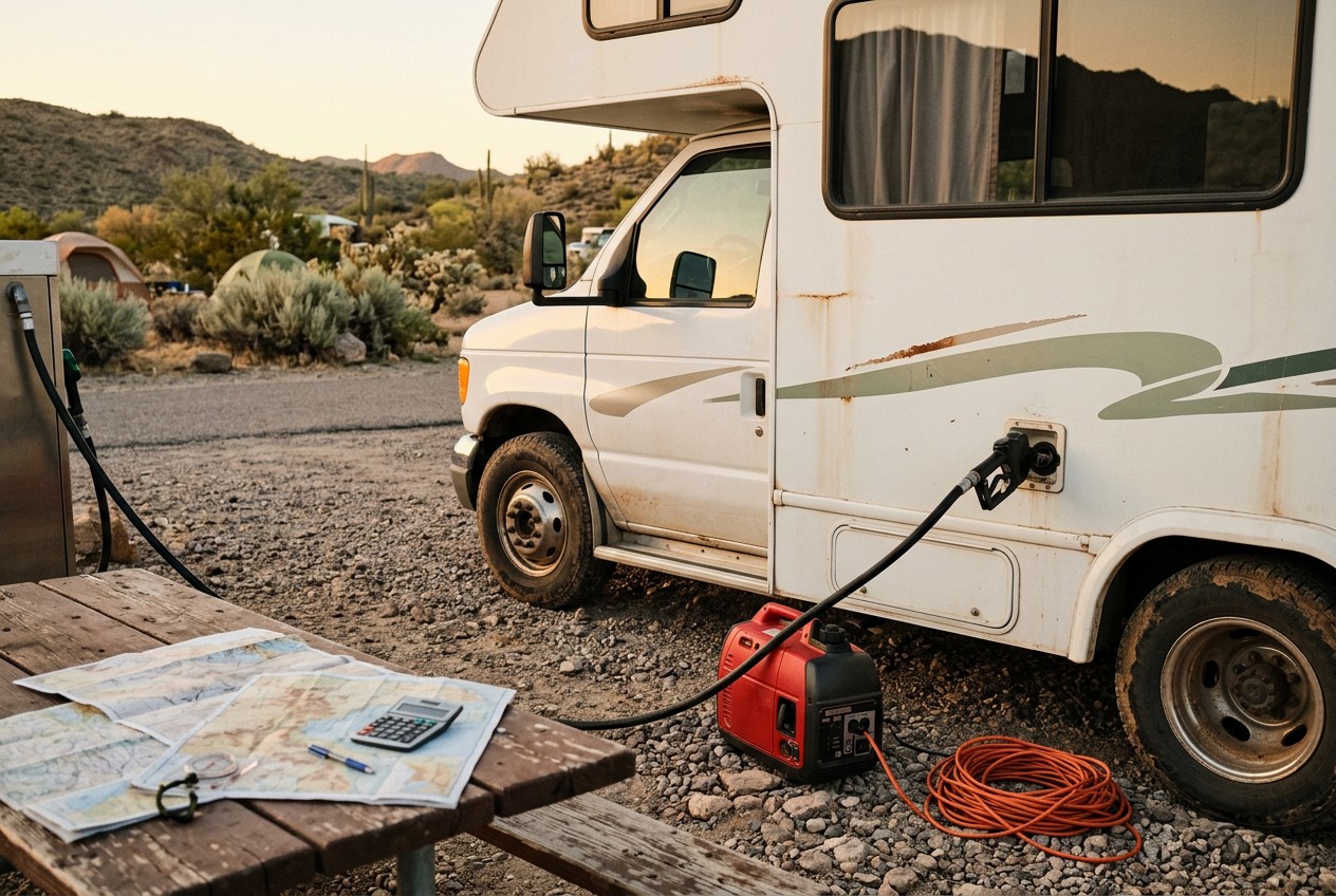 Close-up photo of a realistic rental motorhome at a desert campground, fuel nozzle connected, portable generator and coiled p