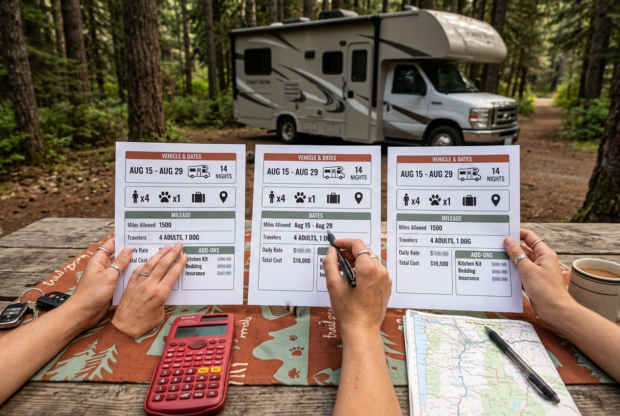 Overhead campground picnic table with three rental RV quote printouts aligned side by side, hands comparing matching dates, m