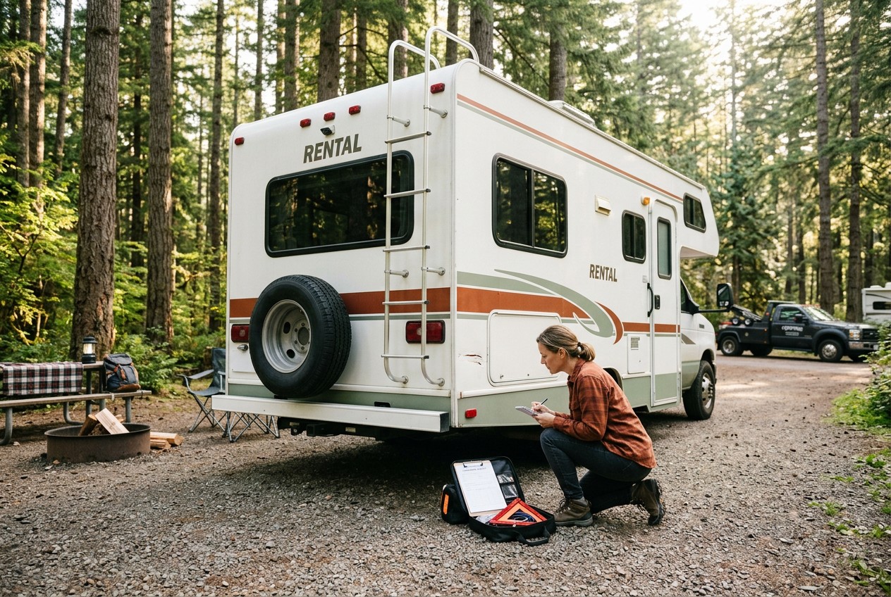 US road-trip photograph of a realistic rental motorhome at a forest campground, renter inspecting a small side-panel scrape w