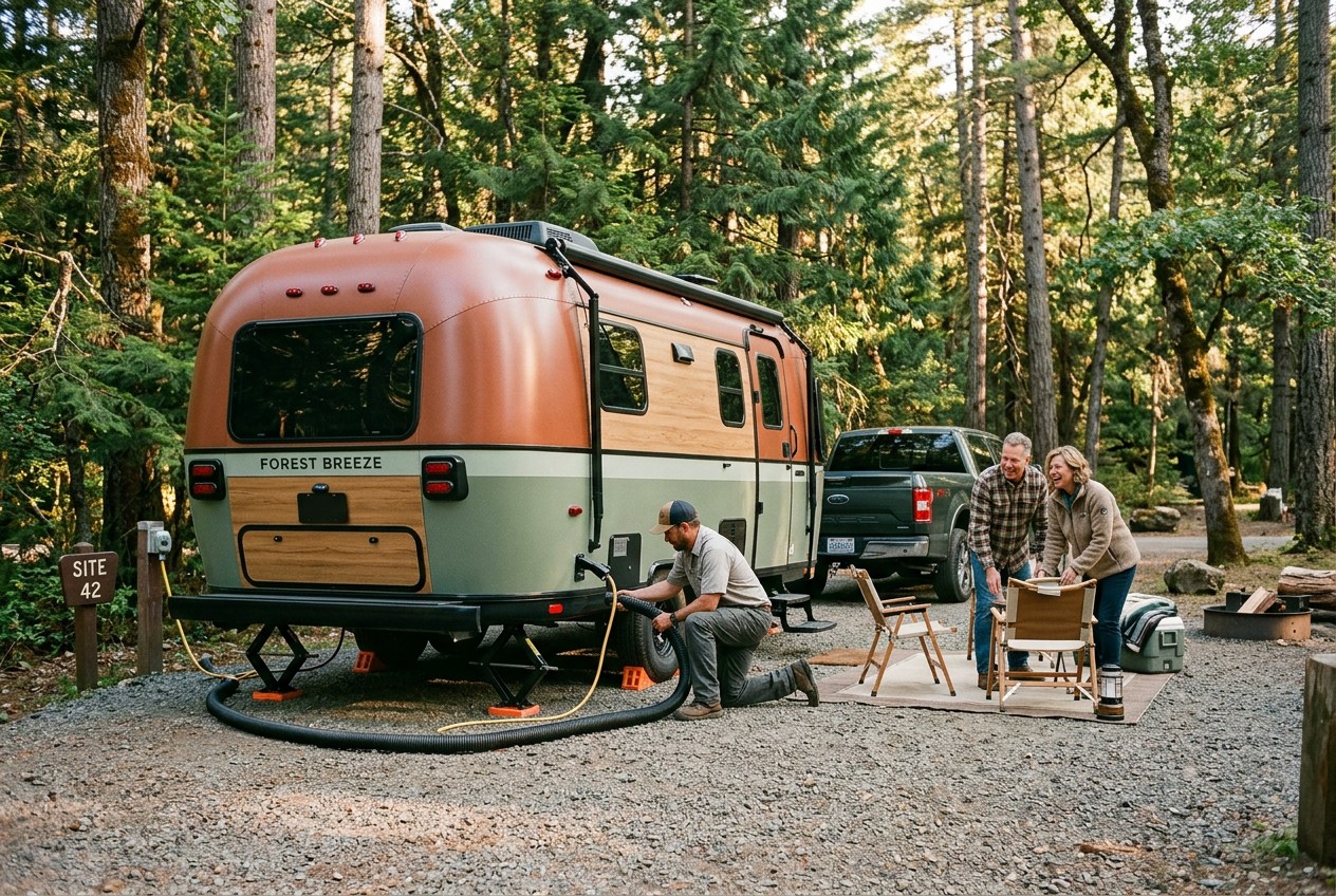 Travel trailer being delivered and professionally leveled at a reserved forest campsite, tow vehicle nearby, worker connectin