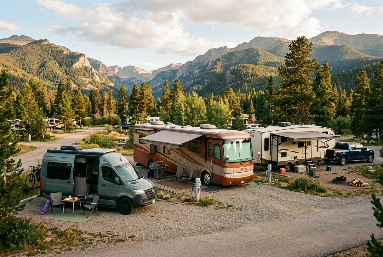 US road-trip photograph comparing a compact Class B camper van, large Class A motorhome, and towable travel trailer at a moun