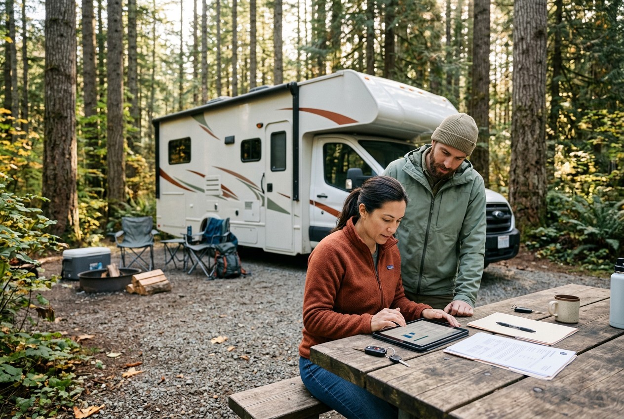 Traveler verifying RV rental insurance on a tablet beside a realistic motorhome at a forest campground, keys and unsigned pap
