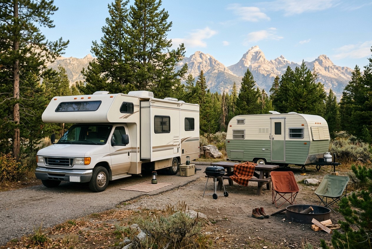 Rental Class C motorhome beside a towable travel trailer at a mountain campground, subtly emphasizing that only the motorhome