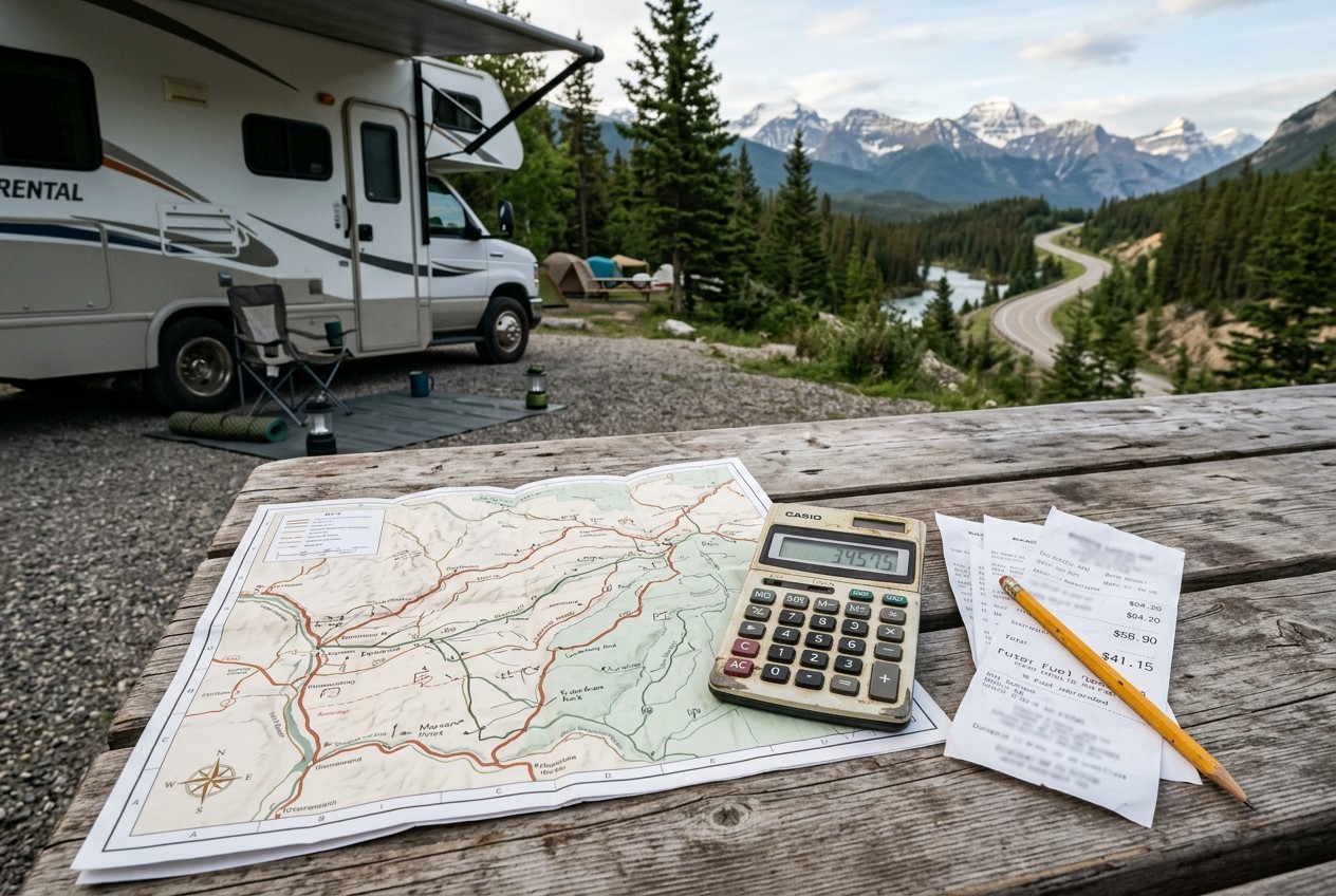 Overhead photograph of a paper route map, calculator, fuel receipts, and pencil on a picnic table beside a realistic rental m