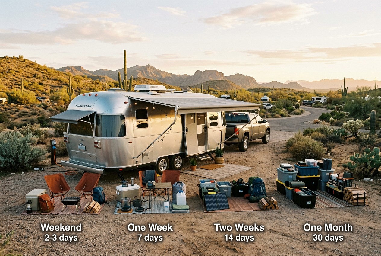 US road-trip photograph of a realistic travel trailer at a warm desert campground, with four neatly arranged clusters of camp