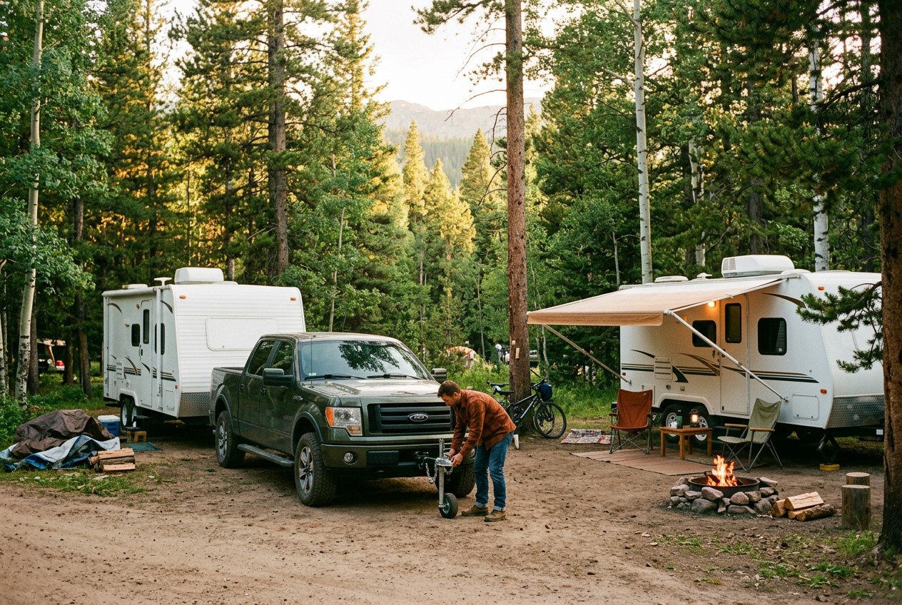US road-trip photograph of two neighboring forest campsites: one traveler unhitching a rented travel trailer from an unbrande
