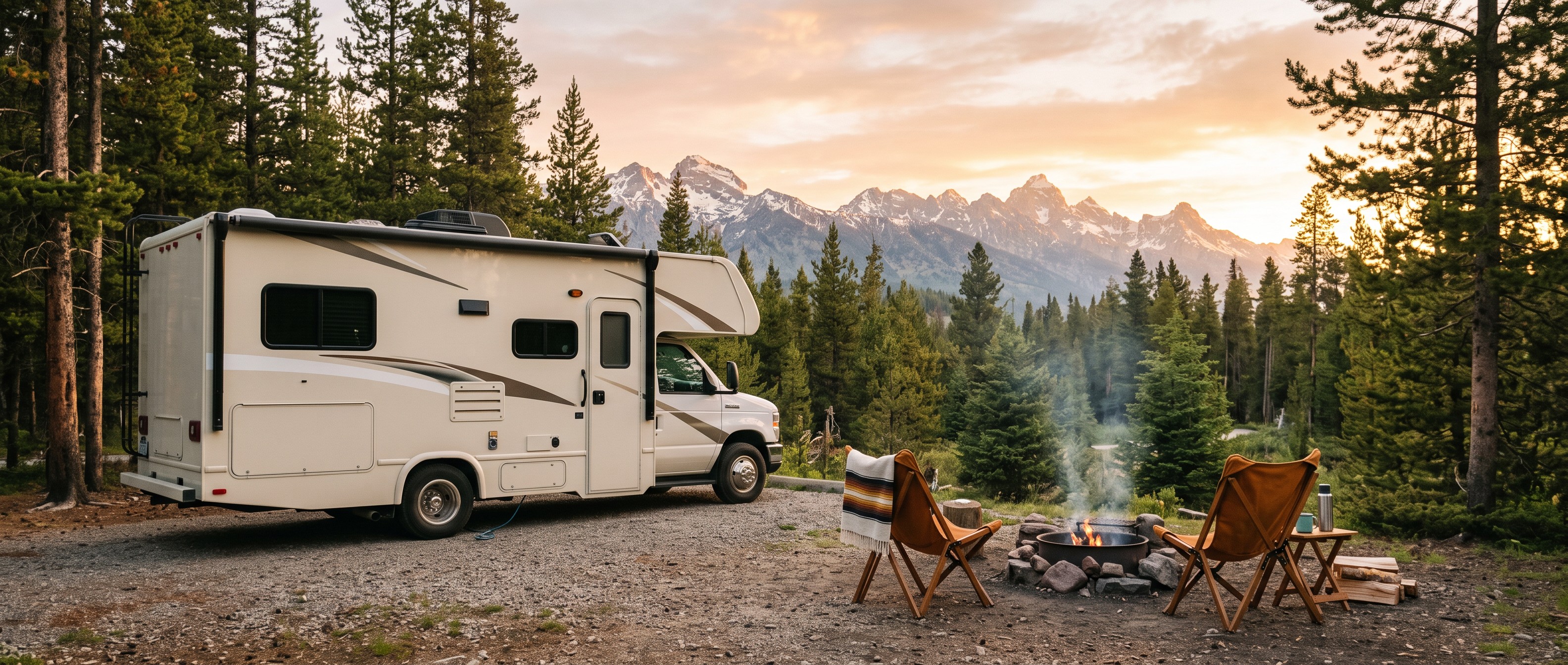 Motorhome parked beside a mountain campground